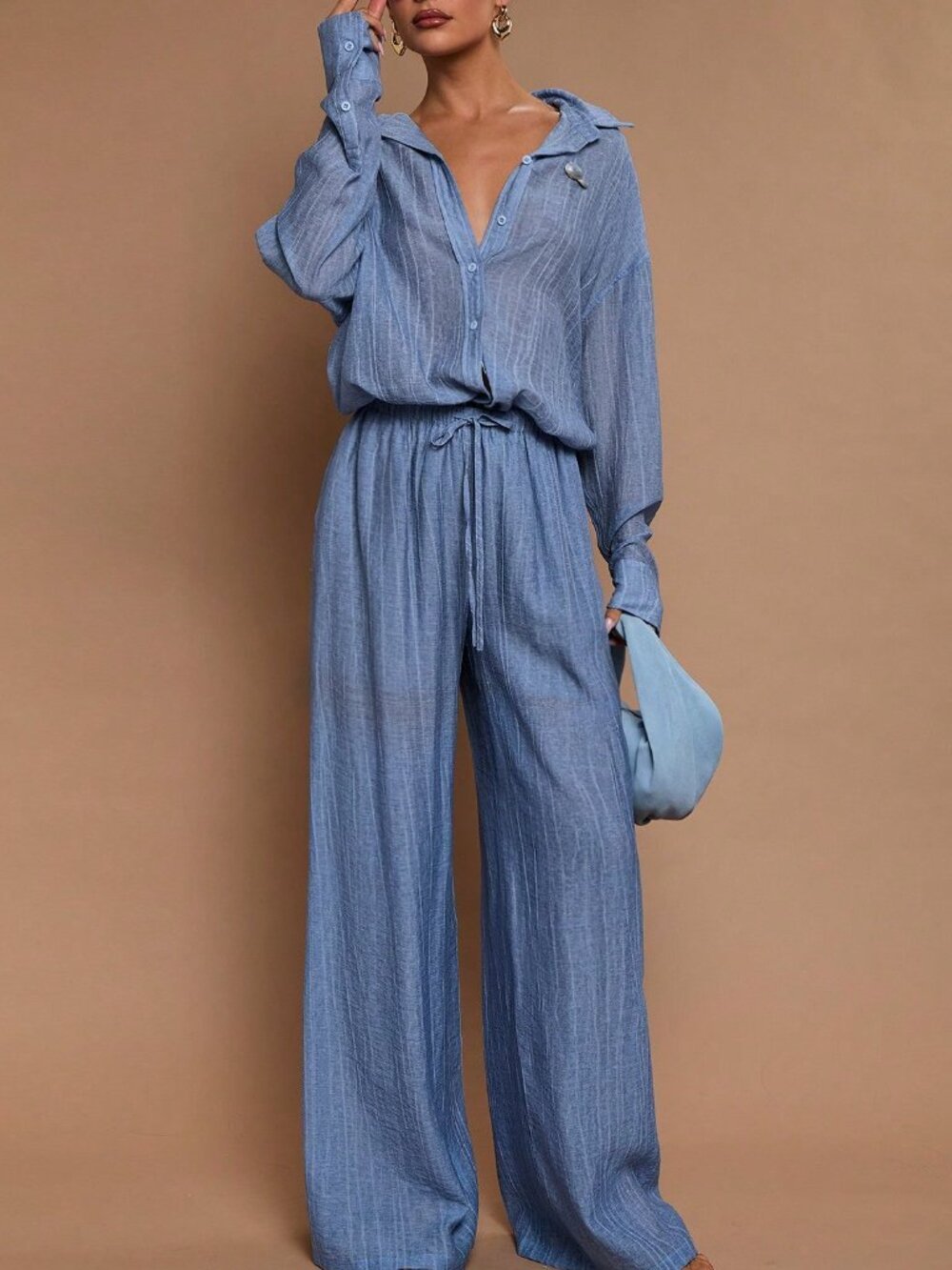 Baby Blue Casual Women's Long Sleeve Blouse - Picture 7 of 8